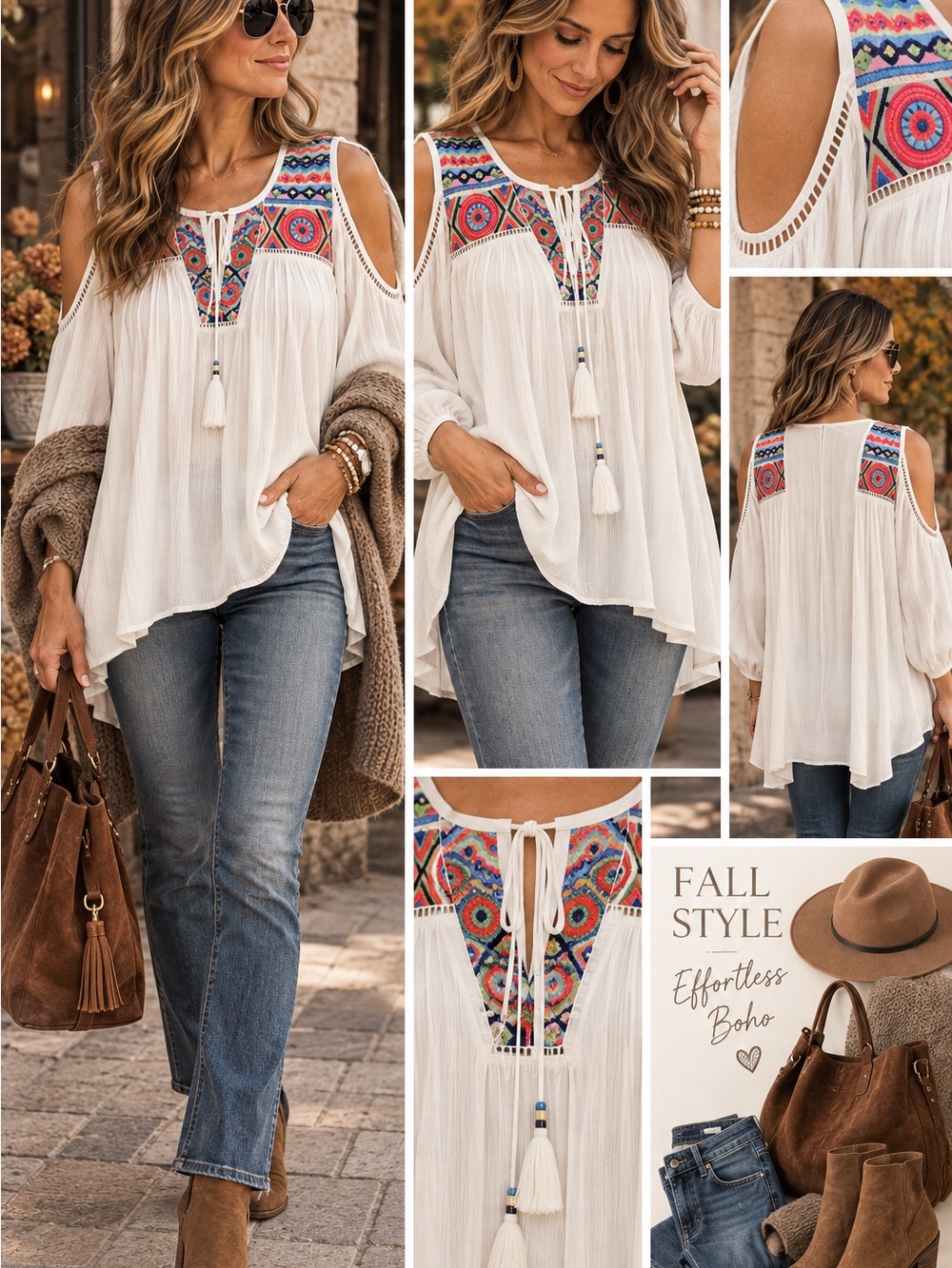 Picadilly Canada Embroidered Cold Shoulder Boho Top L